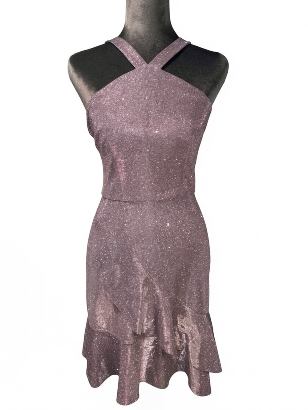BCX Dress Silver Lavender Glitter Criss Cross Halter Ruffle Mini Dress Size 0